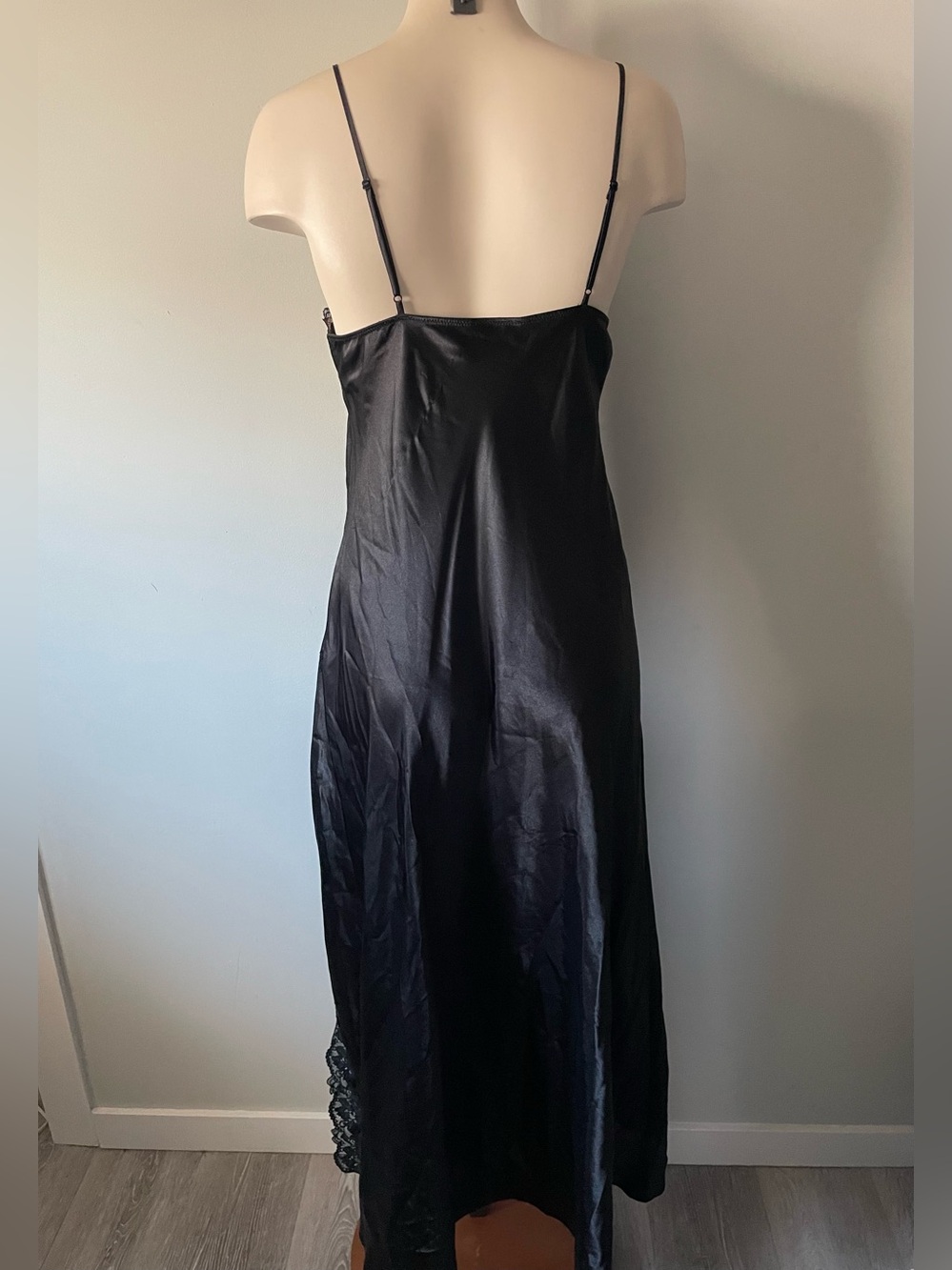 90s Y2K Vintage La Senza Black Satin Maxi Slip Dress Lace High Slit Medium - Picture 2 of 5